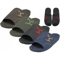 M7440-A - Wholesale Men's Satin Open Toes Slippers With Antler Embroidered Upper House Slippers ( *Asst. Black, Brown, Navy And Green )